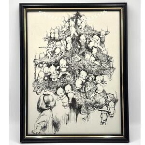 VTG 1973 Kewpie Doll, Rose O'Neill, Framed Christmas Tree Child & Kewpies Pic